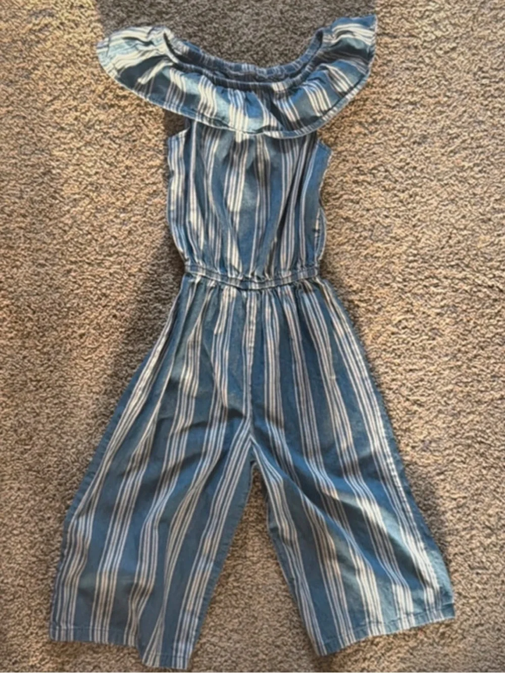 wonder nation XS (4/5) Blue & White Striped Off-Shoulder Jumpsuit